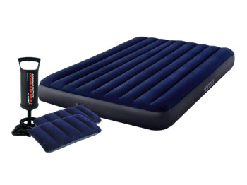 Надувной матрас Intex 64765, ПВХ с велюровым покрытием, с насосом и подушками, 203×152×25см, синий