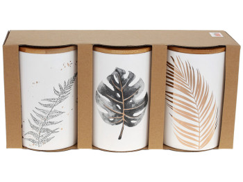 Набір (3шт) керамічних банок з бамбуковими кришками Гаваї, 650мл, колір - білий із золотом