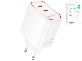 Сетевое зарядное устройство Borofone BA90A, 2×USB-C, 45Вт, PD/QC, 85×49×31мм, цвет белый