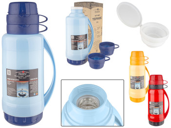 Термос пластиковый со стеклянной колбой Stenson 24ч 2 чашки 1л (цена за 1шт)