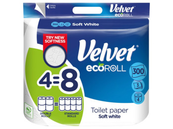 Бумага туалетная Velvet EcoROLL, 3 слоя, 300 листков, 4 рулона, 36х17х14см, цвет белый