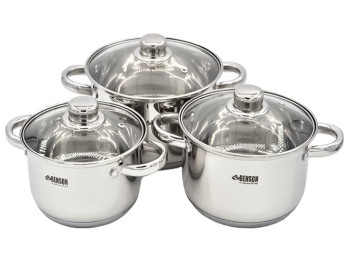 Набор кастрюль с крышкой Benson, из нержавеющей стали, 2,1л, 2,9л, 3,9л (цена за набор 6 предметов)