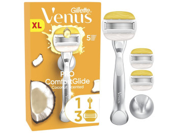 Станок для бритья Venus ComfortGlide Coconut, 3 сменных картриджа, пластик, сталь, цвет желтый