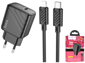 Мережевий зарядний пристрій Hoco CS22A 1USB-C PD/QC 30W+Type-C to Lightning, Колір Чорний