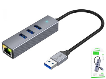 Хаб USB Hoco HB34 Easy link Gigabit Ethernet adapter(USB to USB3.0х3+RJ45) Колір Сiрий