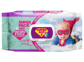 Салфетки влажные детские Super Baby, с экстрактом алоэ вера и ромашки, с клапаном, 120шт