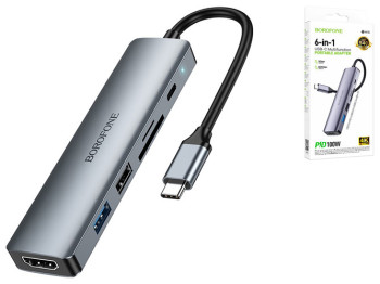 USB Hub Borofone DH15 6-в-1 Type-C to HDMI+PD+USB3.0+USB2.0+SD+TF(L=0.15M) Цвет Серый