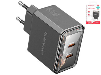 Зарядний пристрій Borofone BAS33A, адаптер, 2×USB-C, PD/QC 45W, 126×85×35мм, чорний