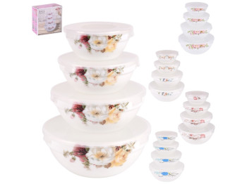 Набор салатников с крышками, стеклокерамика, 11/13/15/18см, 5 дизайнов (цена за набор 4 предмета)