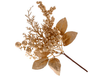 Декоративная ветка с ягодами и листьями, 25см, цвет - матовое золото