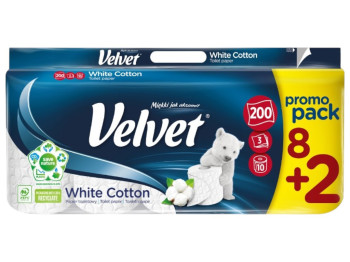 Бумага туалетная Velvet White Cotton, 3 слоя, 200 листков, 10 рулонов, цвет белый