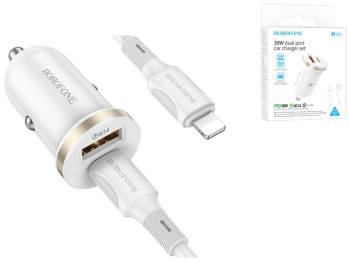 Автомобільний Зарядний Пристрій Borofone BZ22 1USB/1USB-C QC/PD30W+Type-C to Lightning Колір Бiлий