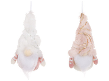 Новорічна м'яка іграшка на підвісі Гномік 15см, 2 дизайни, колір - білий з рожевим (ціна за 1шт)