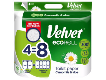 Бумага туалетная Velvet EcoRoll, с ромашкой и алоэ, 3 слоя, 300 листков, 4 рулона, 26х19,2х13см