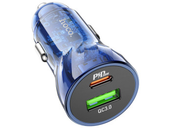 Автомобильное Зарядное Устройство Hoco Z47A Transparent PD30W+QC3.0, Прозрачный синий