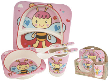 Набор детской бамбуковой посуды 5 предметов Stenson Пчелка (2 тарелки, вилка, ложка, стакан)