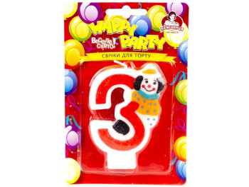 Свечка для торта "Клоуны" "3" Помічниця "Happy party" 8см 40910-3