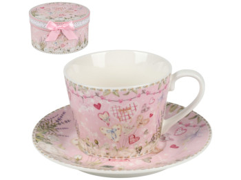 Чашка с блюдцем Amour, фарфор, 230мл, цвет розовый с рисунком (цена за 2пр)