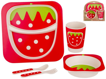 Набор детской бамбуковой посуды 5 предметов Stenson Клубника (2 тарелки, вилка, ложка, стакан)