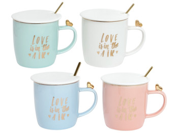 Чашка Love is in the air, с крышкой и ложкой, 4 дизайна, 375мл (цена за 1шт)