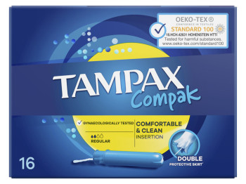 Тампоны Tampax Compak Regular, с пластиковым выдвижным аппликатором, 2 капли, 16шт