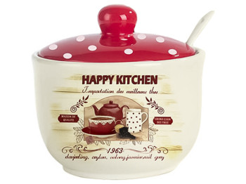 Сахарница с ложкой Happy Kitchen, d-11см, h-7,5см, 450мл (без упаковки)