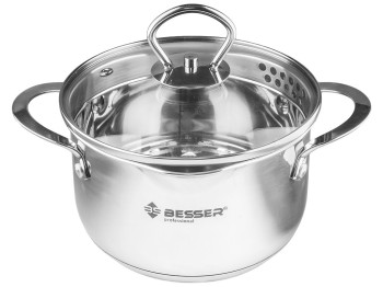 Каструля Besser Largo з кришкою, всі типи плит, отвори для зливу, капсульне дно D16см, 1,9л