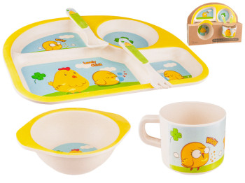 Набор детской бамбуковой посуды 5 предметов Цыпленок на желтом (тарелки, вилка, ложка, стакан)