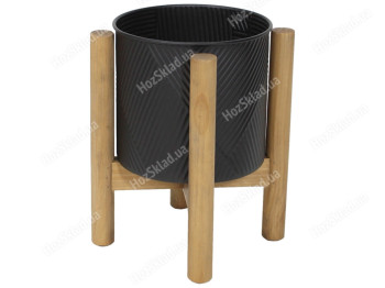 Металлическое кашпо на деревянной подставке, 35см, цвет – черный