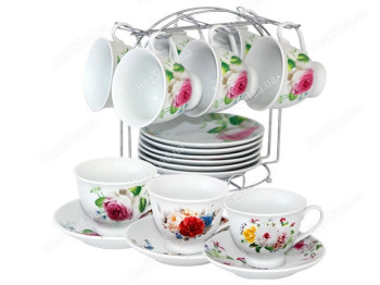 Сервіз чайний на метал. стійці Квіти, чашка 200мл, блюдце 14см (ціна за набір 12шт)