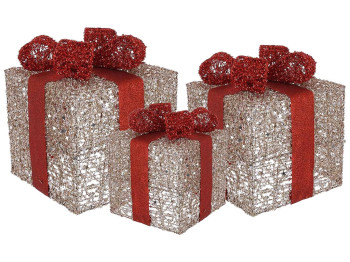 Набор декоративных подарков с подсветкой, 15/20/25см, цвет - золото с красным (цена за набор 3шт)