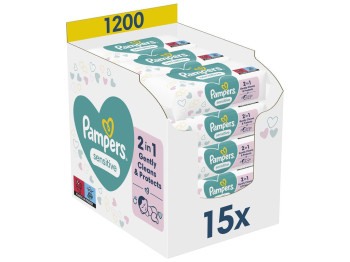 Салфетки влажные детские Pampers Sensitive, для чувствительной кожи, без спирта, хлопок, 15 х 80шт