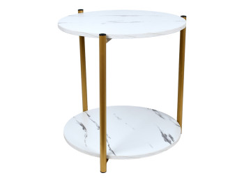 Стіл журнальний, двоярусний, білий мармур, золото, 40×40×43см