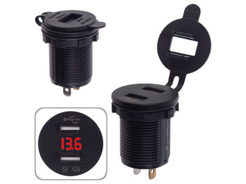 Автомобильное зарядное устройство 2 USB 12-24В 4,2A врезное в планку + вольтметр красный
