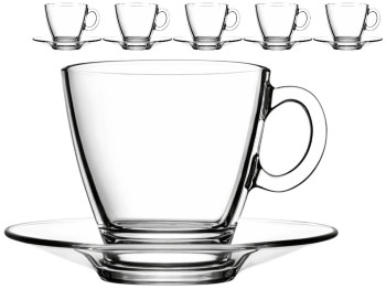 Чашка із блюдцем Pasabahce Aqua, скло, 215мл, 13см, колір прозорий (ціна за набір 6шт)