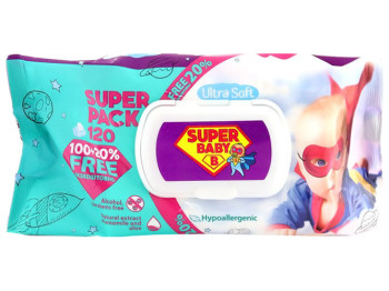 Вологі серветки дитячі Super Baby SuperPack ромашка та алое 120шт з клапаном