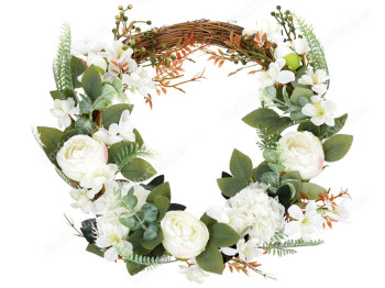 Декоративный венок из роз, гвоздик и лютиков, 43см, цвет - белый