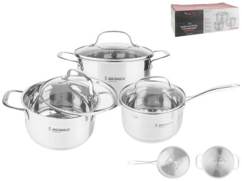 Набор посуды с крышками Besser Professional Triada индукционное дно 6 предметов (1,8л, 2,4л, 3,4л)