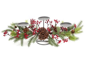 Свічник на три свічки з декором з хвої, шишок та червоних ягід, 71см