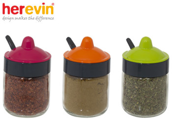 Спецовница с ложкой Herevin Spice Combine Colours MIX стеклянная 200мл 83509