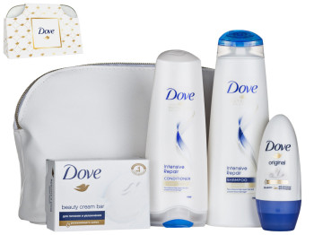 Набір подарунковий Dove "Від щирого серця" (шампунь+ополіскувач+антиперспірант+мило+косметичка)