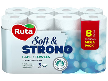 Рушники паперові Ruta Soft & Strong білі тришарові, целюлозні (ціна за упаковку 8 рулонів)