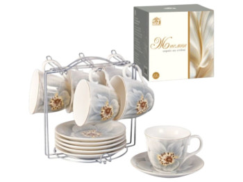 Сервиз S&T Жасмин, 230 мл, блюдце 14 см, на подставке, фарфор, цвет белый с цветочным узором