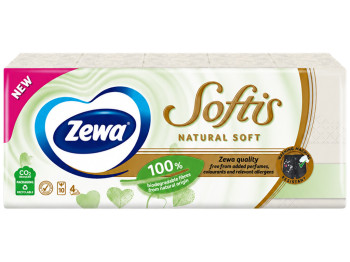 Бумажные носовые платочки Zewa Softis Natural Soft, 4-слойные (10 уп по 9 шт)