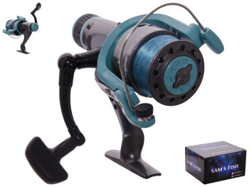 Катушка Sams Fish 4000 3ВВ задний фрикцион с леской, графит шпуля, обороты 5.2:1