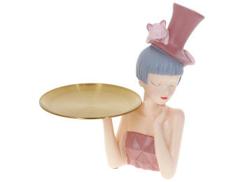 Декоративная статуэтка с тарелкой Девочка с кошкой, 29см, цвет – розовый