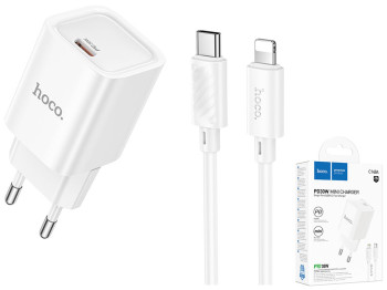 Мережевий зарядний пристрій Hoco C148A 1USB-C PD/QC 30W+Type-C to Lightning, колір бiлий