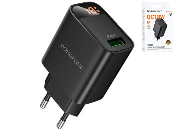 Зарядний пристрій Borofone BA95A 1USB QC 18W Led Display, 83×45×28мм, колір чорний