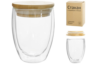Стакан с двойной стенкой и бамбуковой крышкой D8,5х12см 350мл