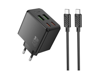 Мережевий зарядний пристрій Hoco CS18A 45W, 2USB-C, 2USB, PD, QC, type-C to type-C, колір чорний